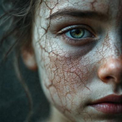 The primary subject of the image is a young girl with a scarred face. She has a green eye and is looking directly at the camera. The setting is a close-up of her face, and the visual style appears to be a photo. The colors in the image are predominantly dark, with the girl's face being the main focus. The mood of the image is intense and emotional, as the girl's scarred face evokes a sense of pain or struggle.